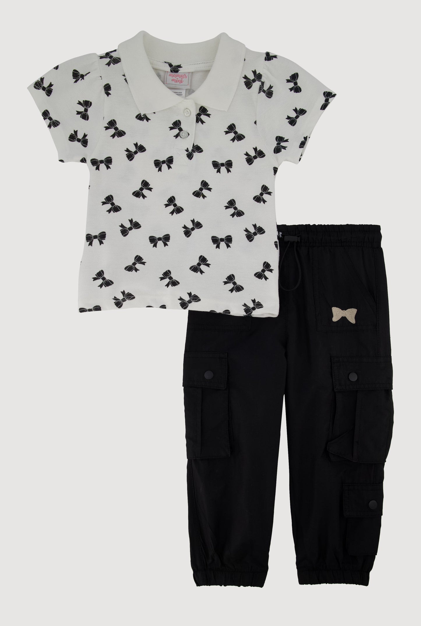 Toddler Girls Bow Print Polo Shirt and Parachute Joggers