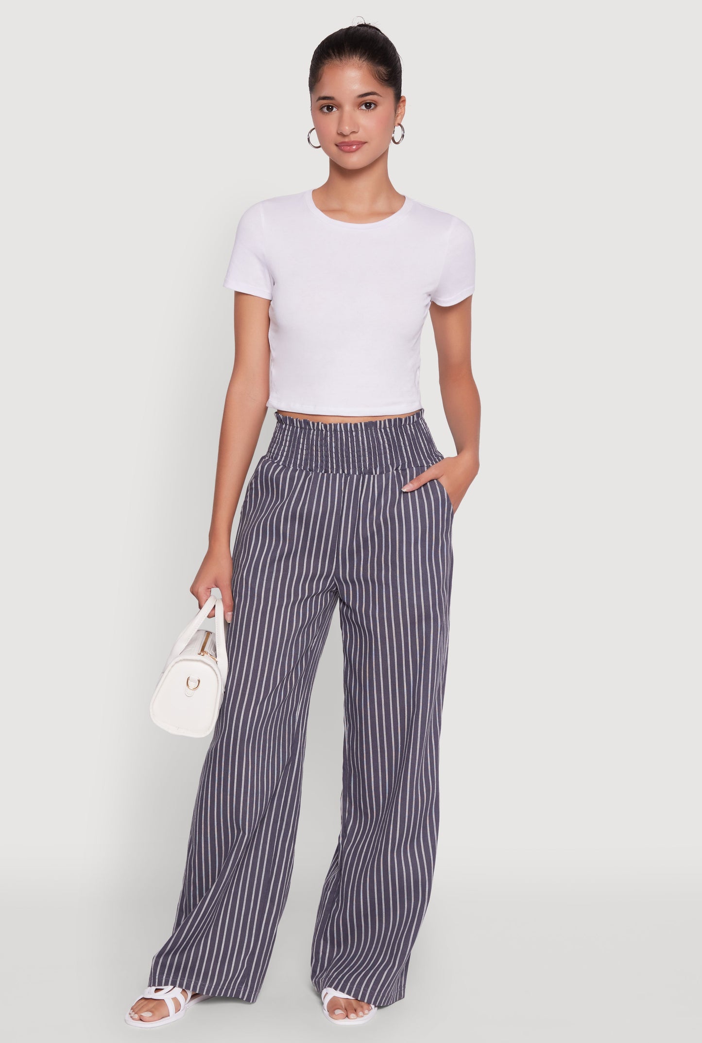 Trendy Linen Striped Smocked Waist Wide Leg Pants