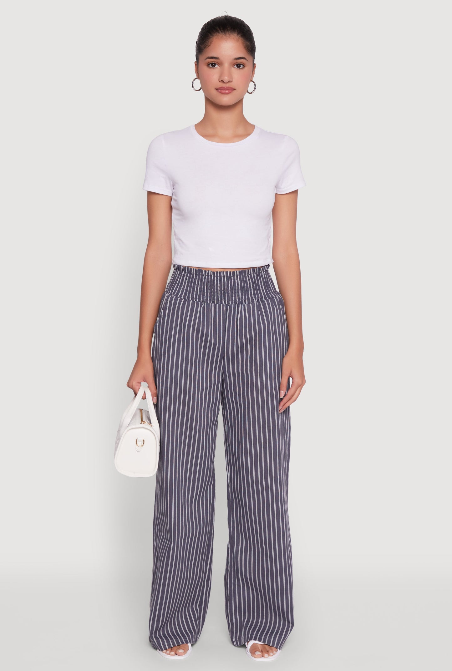 Trendy Linen Striped Smocked Waist Wide Leg Pants
