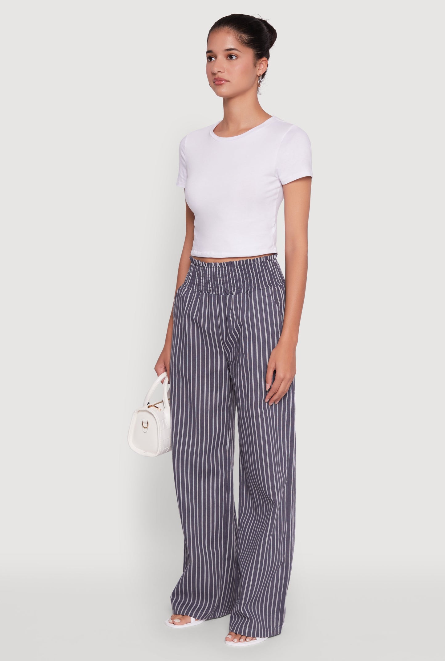 Trendy Linen Striped Smocked Waist Wide Leg Pants