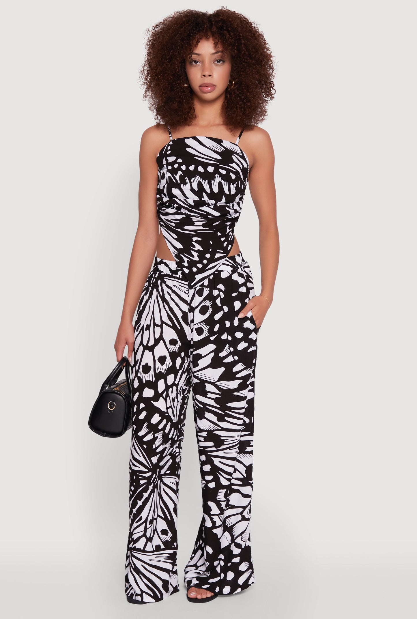 Trendy Abstract Butterfly Print High Waisted Wide Leg Pants