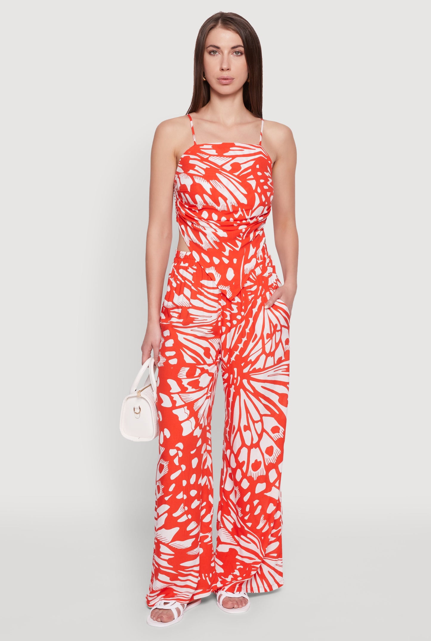 Trendy Abstract Butterfly Print High Waisted Wide Leg Pants