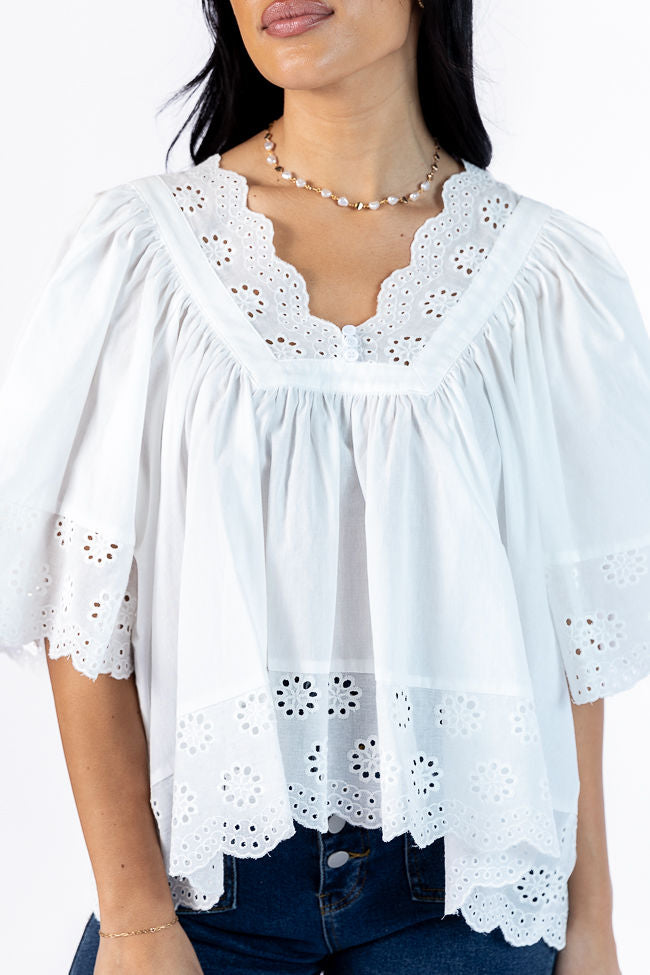 No Regrets Ivory Eyelet Detail Popover Short Sleeve Blouse