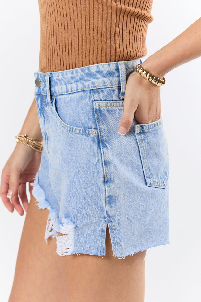 Nights Abroad Light Wash Distressed Denim Shorts SALE