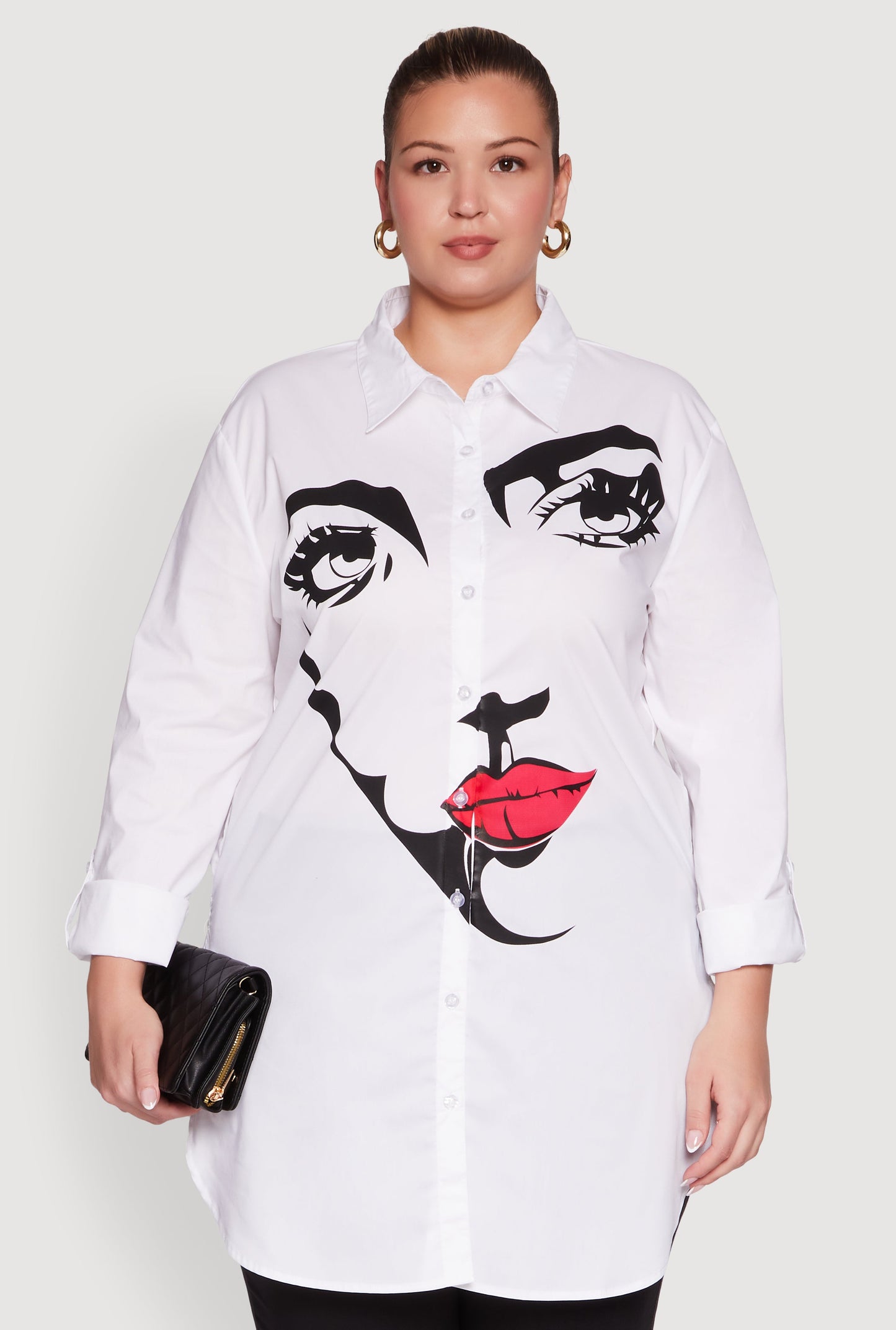 Plus Size Long Sleeve Tunic Shirt with Face Print