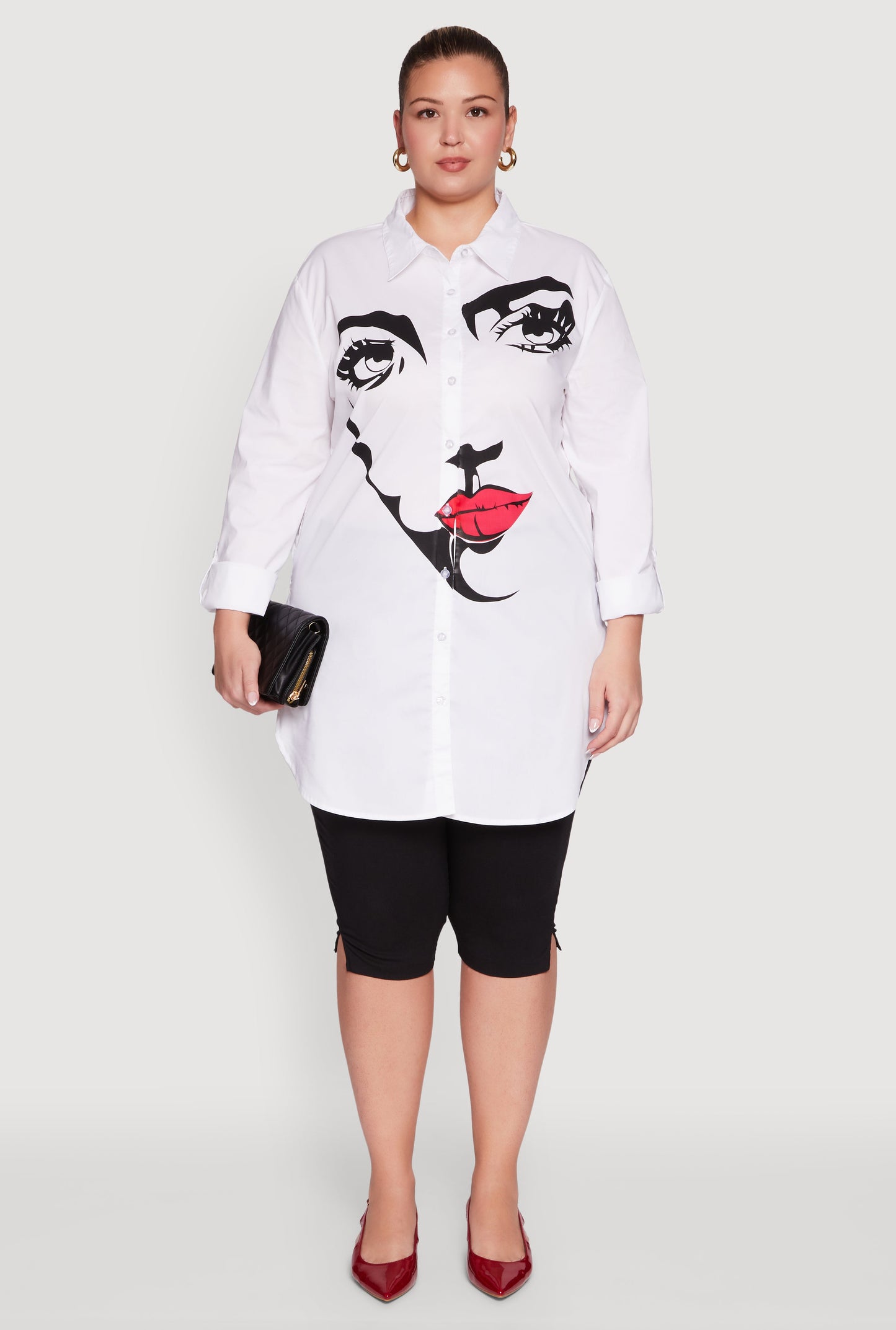 Plus Size Long Sleeve Tunic Shirt with Face Print