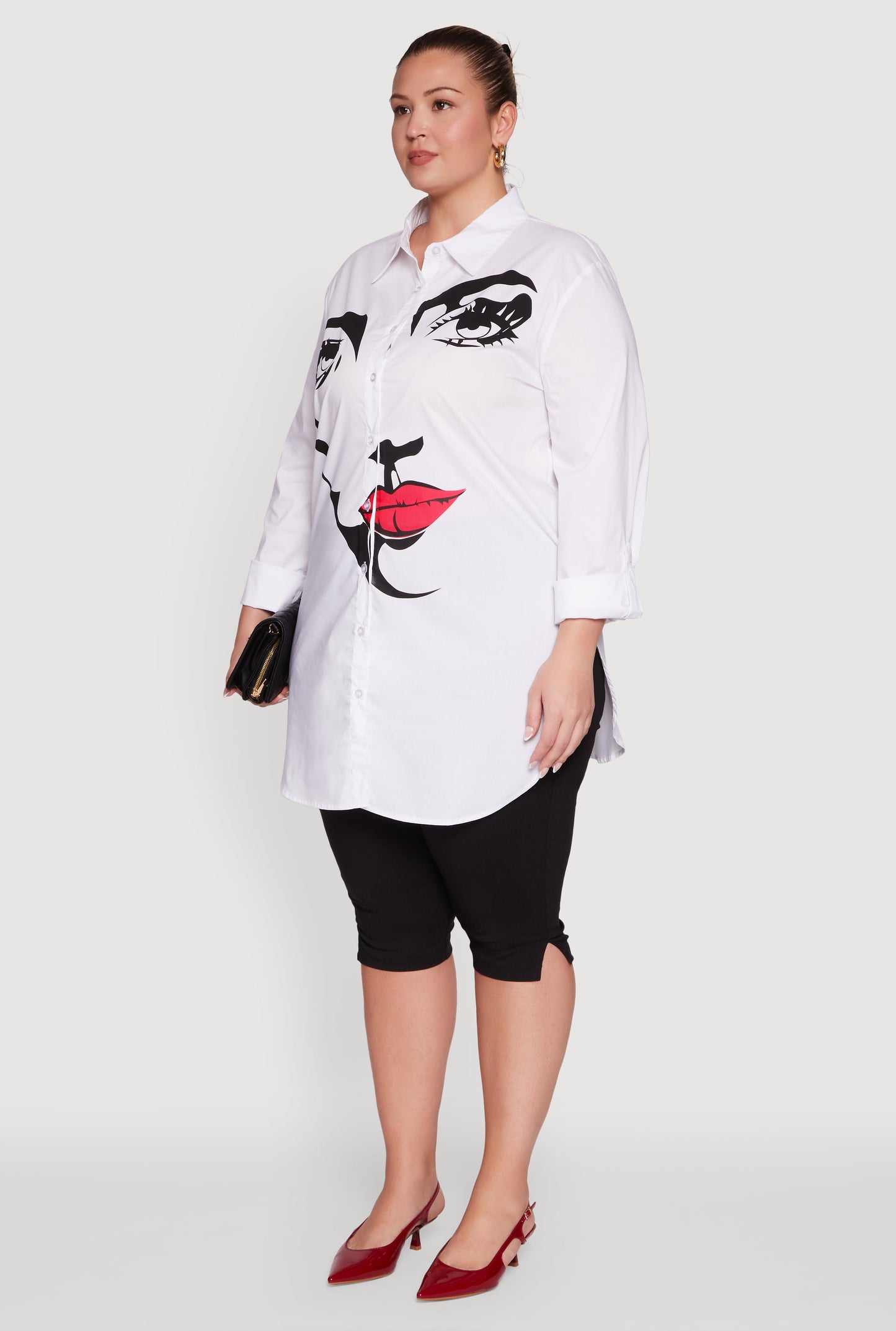 Plus Size Long Sleeve Tunic Shirt with Face Print