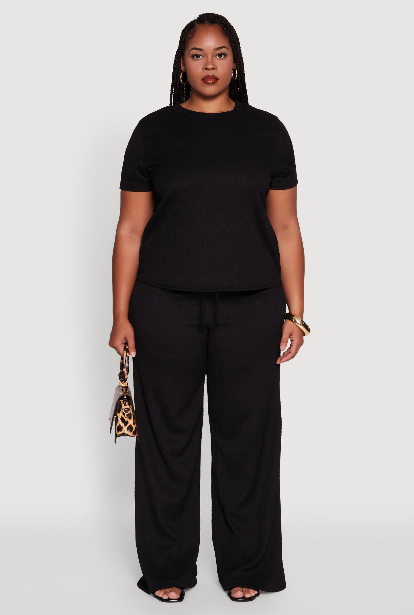 Plus Size Textured Knit Solid Wide Leg Pants
